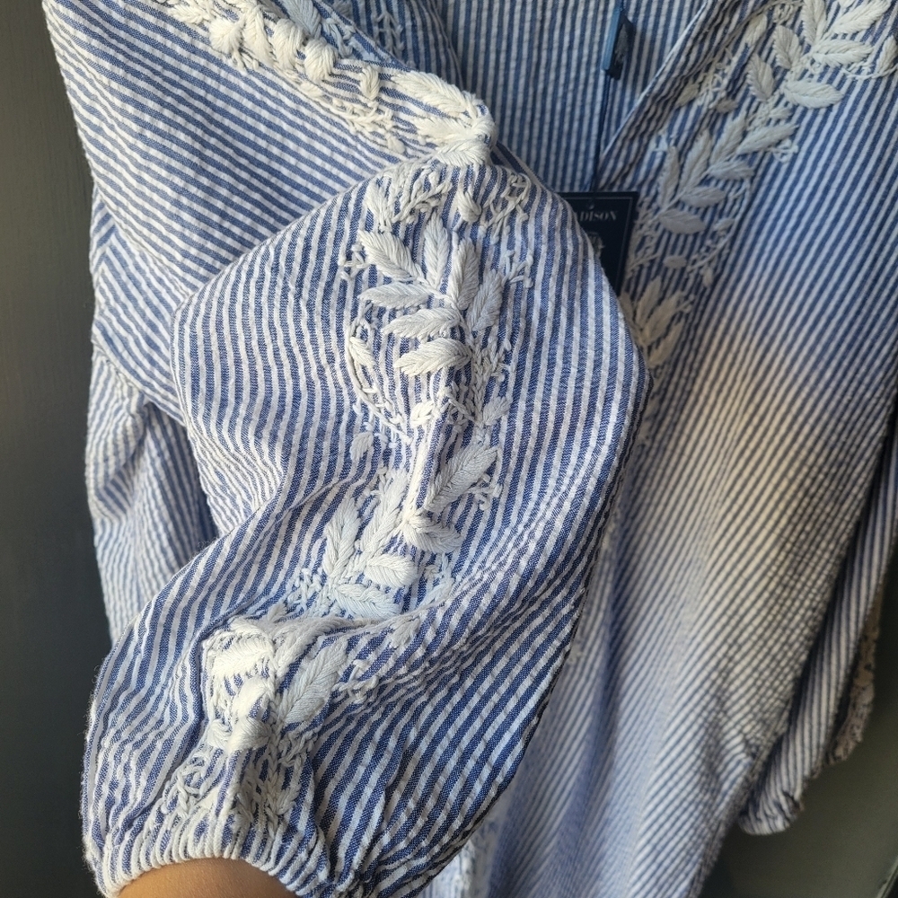 MADISON MATHEWS Blue White Striped Embroidered Tunic L Cotton 3/4 Sleeves NEW - Picture 4 of 12